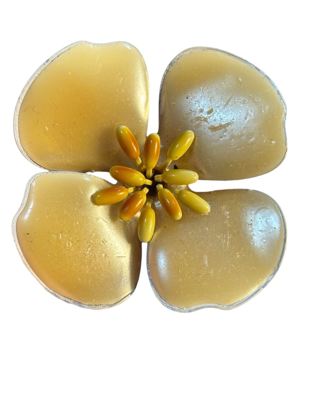 Vintage Cream Enamel Flower Brooch Yellow Center Soft Floral Gold Tone Pin